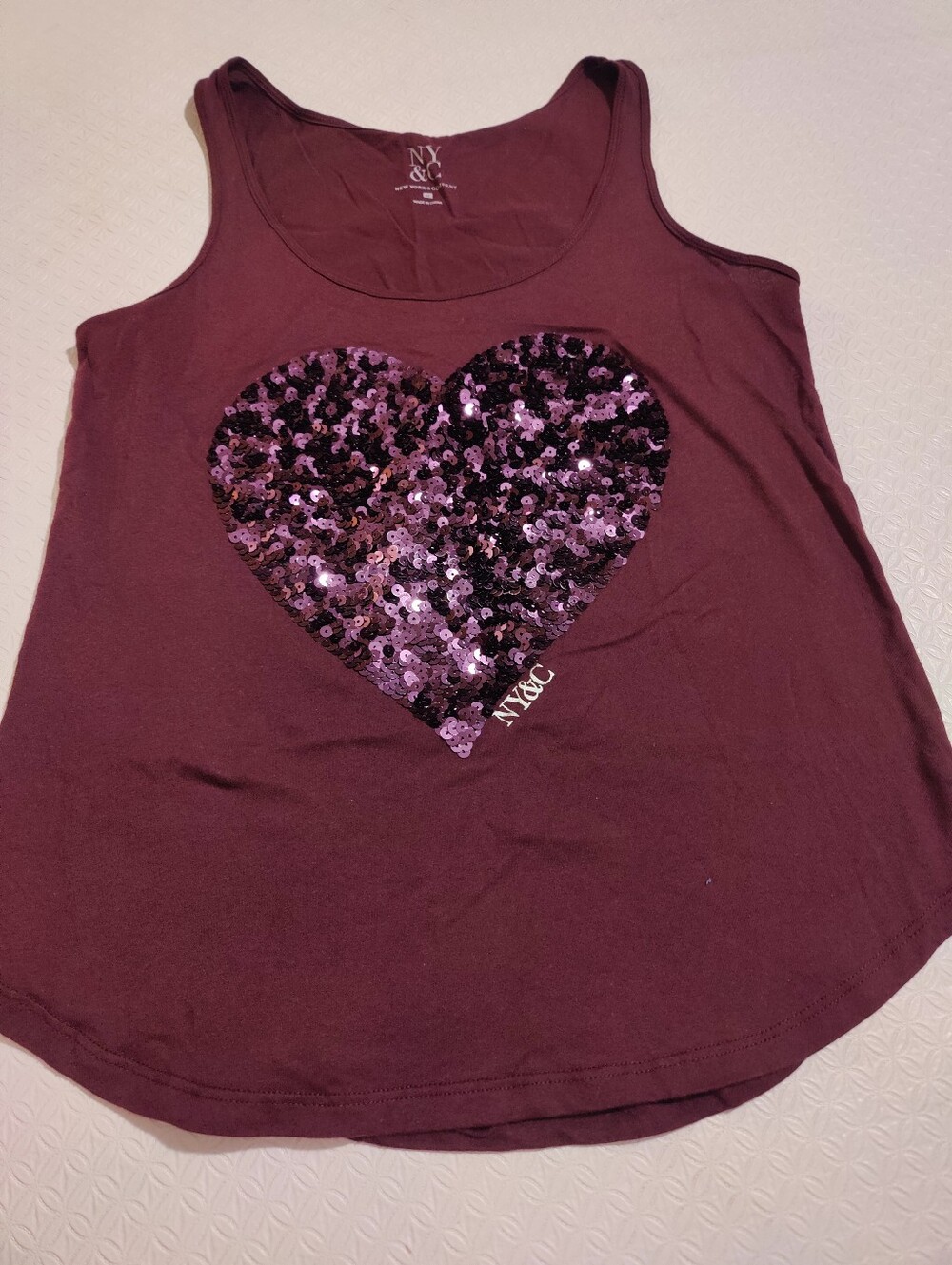New York & Company Burgundy Tank Top with Purple Sequin Heart